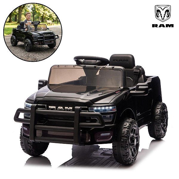 Carrinho Elétrico Infantil Ram 3500 Rho 12v Preto Com Empurrador Som Luz Bateria Recarregável Importway