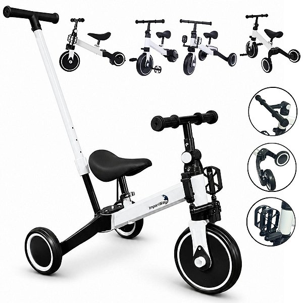 Bicicleta Infantil Equilíbrio 5 Em 1 Triciclo Empurrador Balance Bike Sem Pedal Branca Para Crianças 3 Anos