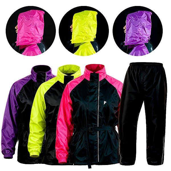 Conjunto Capa Chuva Moto Feminina Impermeável Nylon Forrado Bolso Interno Zíper Traveller Pioneira