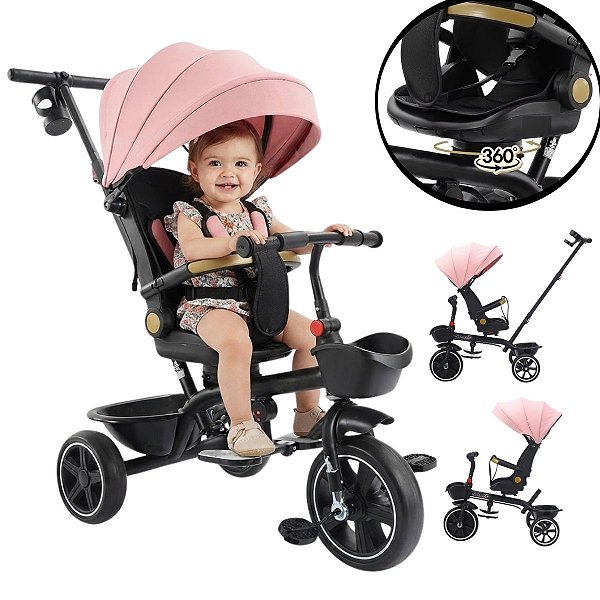 Triciclo Infantil 3 Em 1 Rosa Com Capota Empurrador Assento Gira 360° Reclina Rodas Eva Para Passeio
