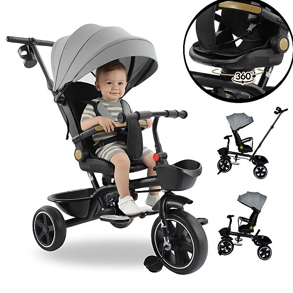 Triciclo Infantil 3 Em 1 Cinza Com Capota Empurrador Assento Gira 360° Reclina Rodas Eva Para Crianças