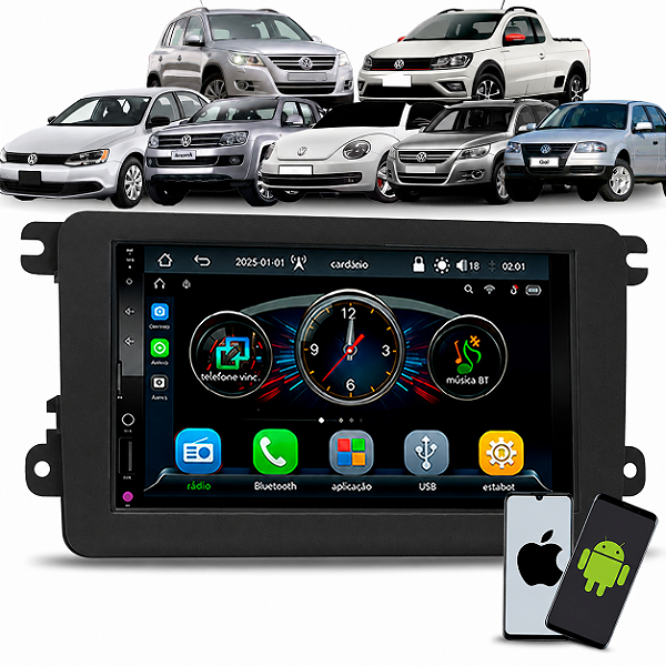 Kit Multimídia 7 Polegada CarPlay Android Auto + Moldura VW Jetta Amarok Fusca Tiguan Gol/Saveiro Passat Variant