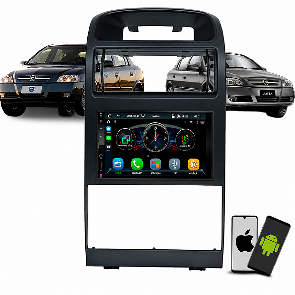 Kit Central Multimídia MP5 CarPlay Android Auto Sem Fio + Moldura Astra Hatch / Sedan 98-11 Ar Analógico / Digital