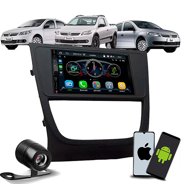 Kit Multimídia 7 Polegadas CarPlay Android Auto S Fio + Câmera de Ré + Moldura Gol Saveiro Voyage G5 2008 2009 2010 2012