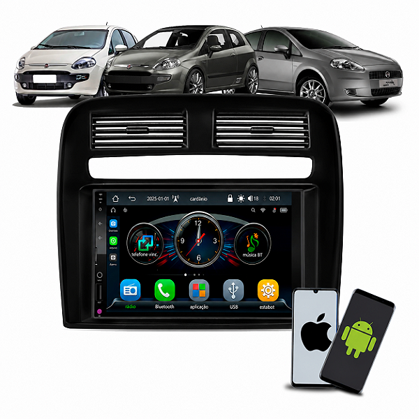Kit Multimídia 7 Polegadas CarPlay Android Auto Espelhamento Sem Fio + Moldura Fiat Punto 2008 2009 2010 2012