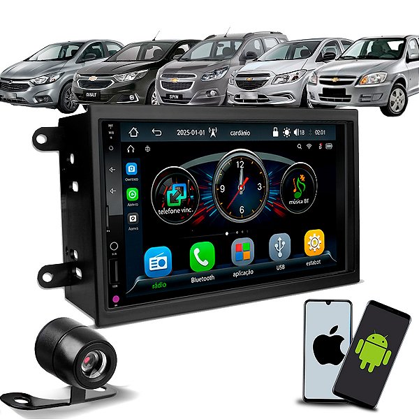 Kit Multimídia 7 Polegadas CarPlay Android Auto S Fio + Câmera de Ré + Moldura Onix Prisma Cobalt Spin 12/19 Joy 21