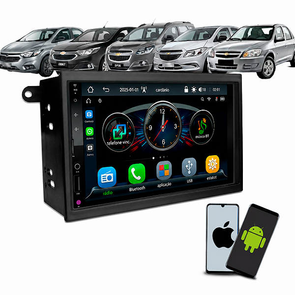 Kit Multimídia 7 Polegadas CarPlay Android Auto Sem Fio + Moldura Onix Prisma Cobalt Spin 2012 até 2019 Joy até 2021