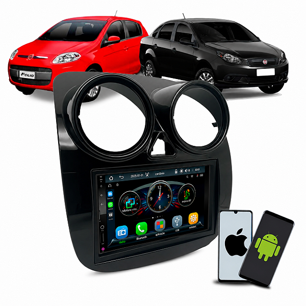Kit Multimídia 7 Polegadas CarPlay Android Auto Sem Fio + Moldura Palio Attractive 2012 até 2017 Grand Siena 2021