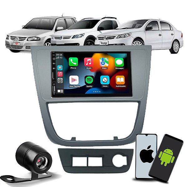Kit Multimídia 7 CarPlay Android Auto S Fio + Câmera de Ré + Moldura Grafite Gol Saveiro Voyage G5 2008 2009 2010 2012