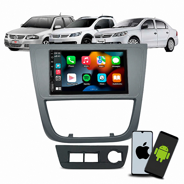 Kit Multimídia 7 CarPlay Android Auto S Fio + Moldura Grafite Gol Saveiro Voyage G5 2008 2009 2010 2012