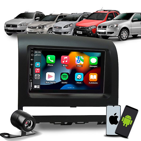 Kit Multimídia 7 CarPlay Android Auto Sem Fio + Câmera de Ré + Moldura Palio Adventure/ Weekend Siena Strada Idea 08/12