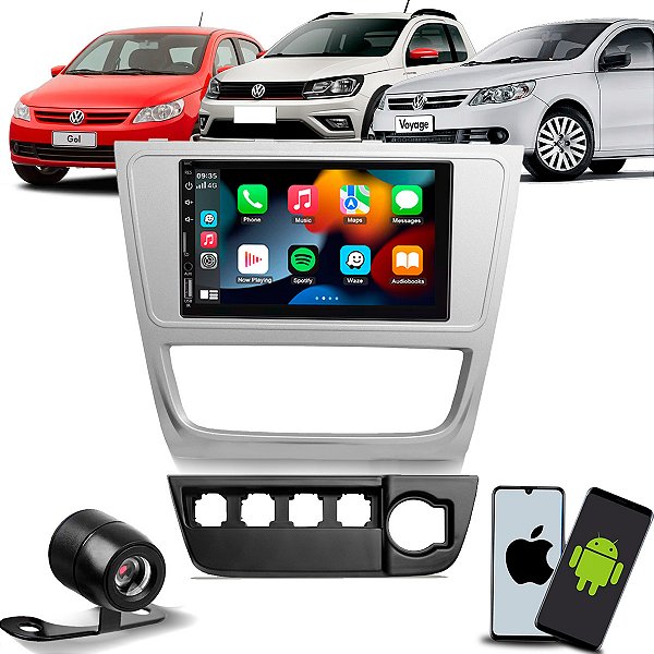 Kit MP5 Multimídia 7 Pol CarPlay Android Auto Sem Fio + Câmera de Ré + Moldura Gol Voyage Saveiro G6 2013 2014 2015 2016