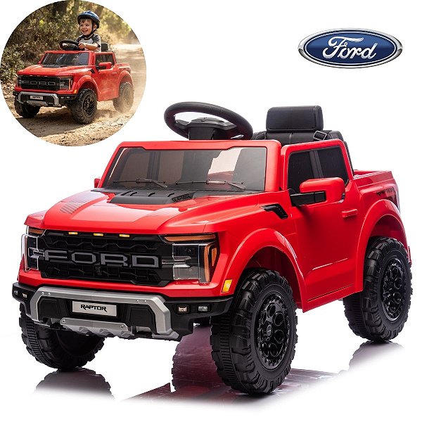 Mini Carro Caminhonete Elétrica Infantil Ford F-150 Raptor Vermelha 12v Licenciada Controle Remoto Luz E Som Até 30kg