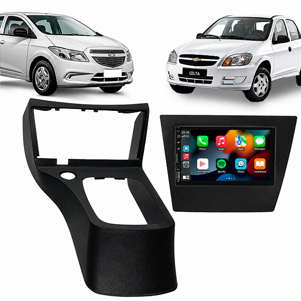 Kit MP5 Multimídia 7 Pol CarPlay Android Auto Sem Fio + Moldura Celta 2007 a 2016 Prisma 2006 a 2012
