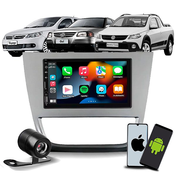 Kit Multimídia 7 Pol CarPlay Android Auto S/ Fio + Câmera de Ré + Moldura Gol Voyage Saveiro G5 2008 2009 2010 2011 2012