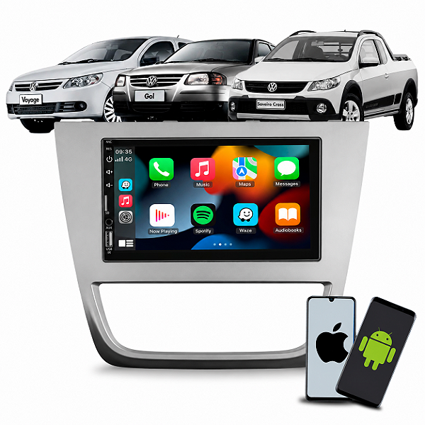 Kit Mp5 Multimídia 7 Polegadas CarPlay Android Auto S/ Fio + Moldura Gol Voyage Saveiro G5 2008 2009 2010 2011 2012