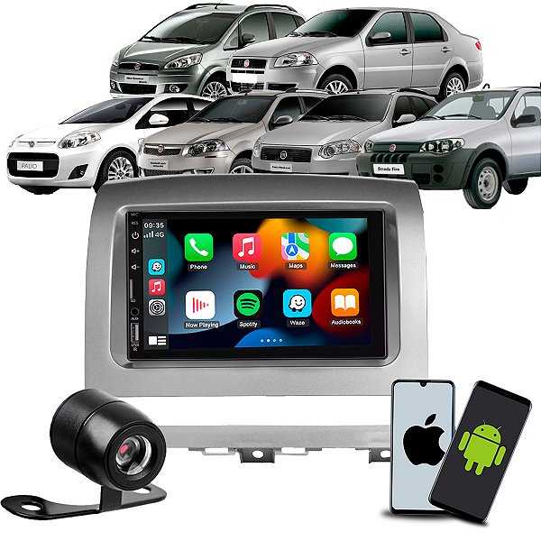 Kit Multimídia 7 CarPlay Android Auto S Fio + Câmera de Ré + Moldura Palio Adventure/Weekend Siena Idea Strada 2008/2012