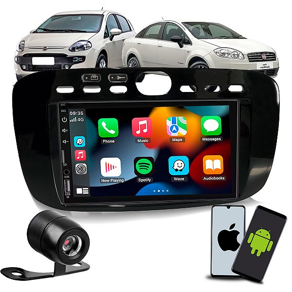 Kit Multimídia 7 CarPlay Android Auto S Fio + Câmera de Ré + Moldura Fiat Punto 2013 2014 2015 2016 2017 Linea 2015 2016
