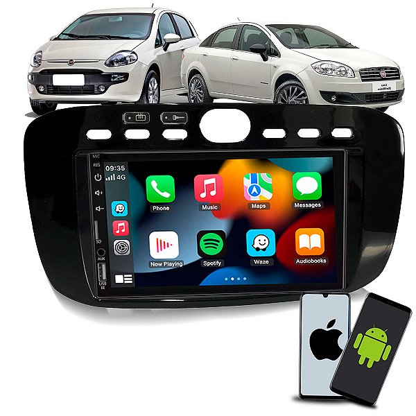 Kit MP5 Multimídia 7 Polegadas CarPlay Android Auto S Fio + Moldura Fiat Punto 2013 2014 2015 2016 2017 Linea 2015 2016