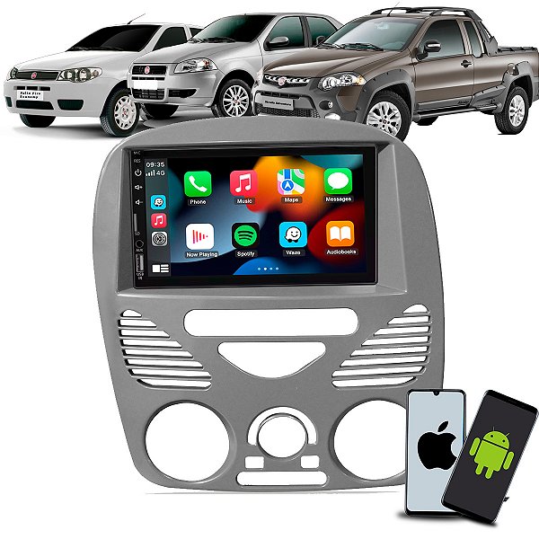 Kit Multimídia 7 CarPlay Android Auto S Fio + Moldura Fiat Palio Siena Fire G2 Strada 1.4 MPI Fire 02/14