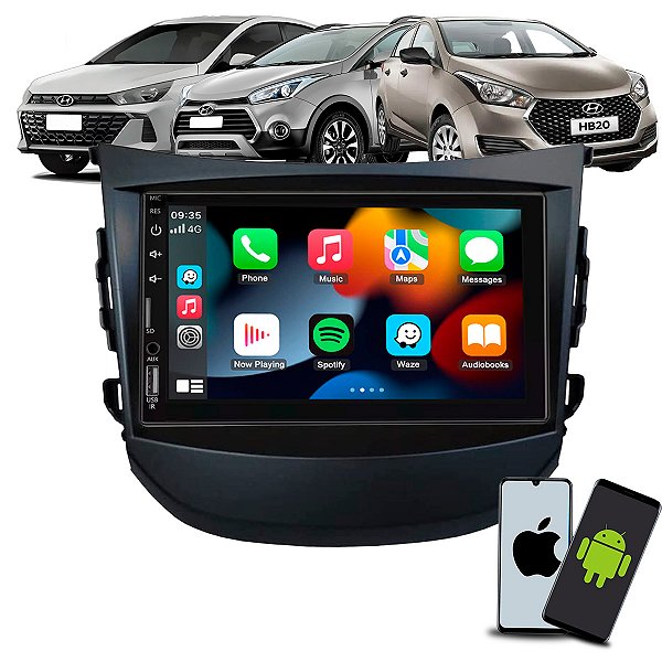 Kit Multimídia 7 Pol CarPlay Android Auto Sem Fio + Moldura Hyundai HB20 G1 2012 2013 2014 2015 2016 2017 2018 2019