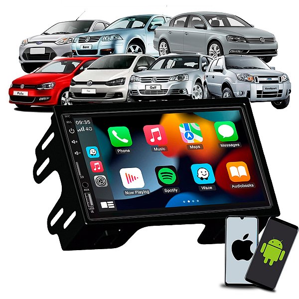 Kit Mp5 Multimídia 7 Polegadas CarPlay Android Auto Sem Fio + Moldura Vw Polo Fox Golf Bora Passat Ford Fiesta Ecosport