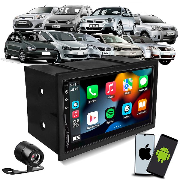 Multimídia 7 CarPlay Android Auto Sem Fio + Câmera de Ré + Moldura Polo Fox Spacefox Crossfox Bora Golf Ecosport Fiesta