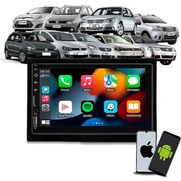 Multimídia 7 CarPlay Android Auto Sem Fio + Moldura Polo Fox Spacefox Crossfox Bora Golf Ecosport Fiesta