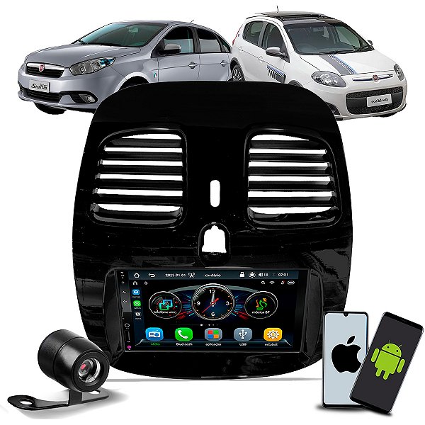 Multimídia 7 Pol CarPlay Android Auto S Fio + Câmera de Ré + Moldura Grand Siena 2012 a 2021 Palio Sporting 2012 a 2017