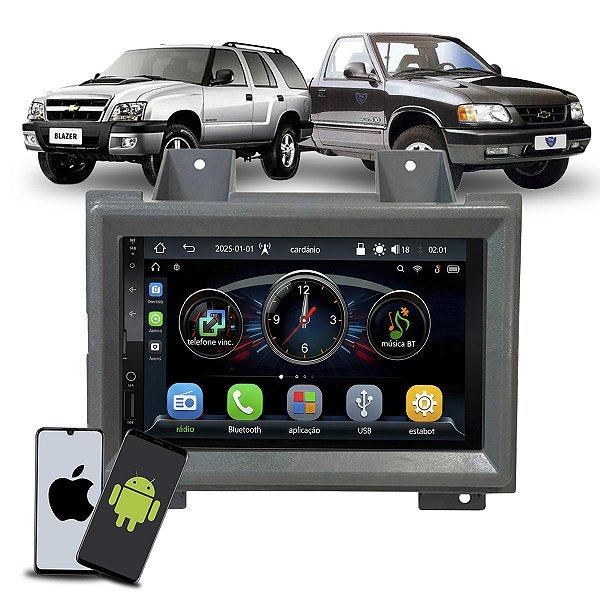 Kit MP5 Multimídia 7 Pol CarPlay Android Auto S Fio + Moldura Chevrolet GM S10 Blazer 1995 1996 1997 1998 1999 2000