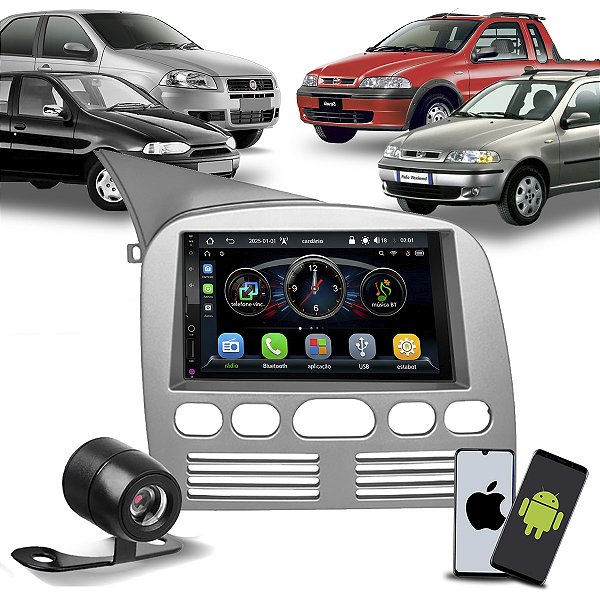 Multimídia 7 Pol CarPlay Android Auto S Fio +Câmera de Ré +Moldura Palio Siena Strada Weekend G1 96 97 98 99 00 01 02 03