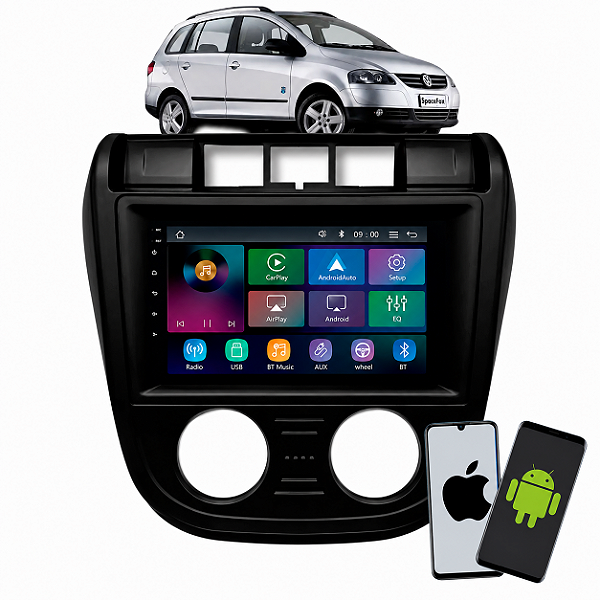 Kit Multimídia Roadstar 9 Pol CarPlay Android Auto Espelha Sem Fio + Moldura Spacefox G1 2006 2007 2008 2009 2010