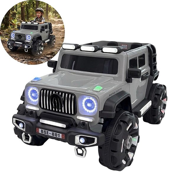 Mini Carro Elétrico Infantil Jipe 12v Cinza Controle Remoto Luz Som Suporta Até 50kg