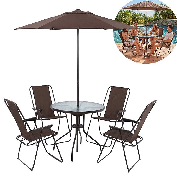 Conjunto Jardim 6 Peças Mesa Vidro 4 Cadeiras Dobráveis Guarda-sol Marrom Para Varanda Piscina Área Externa