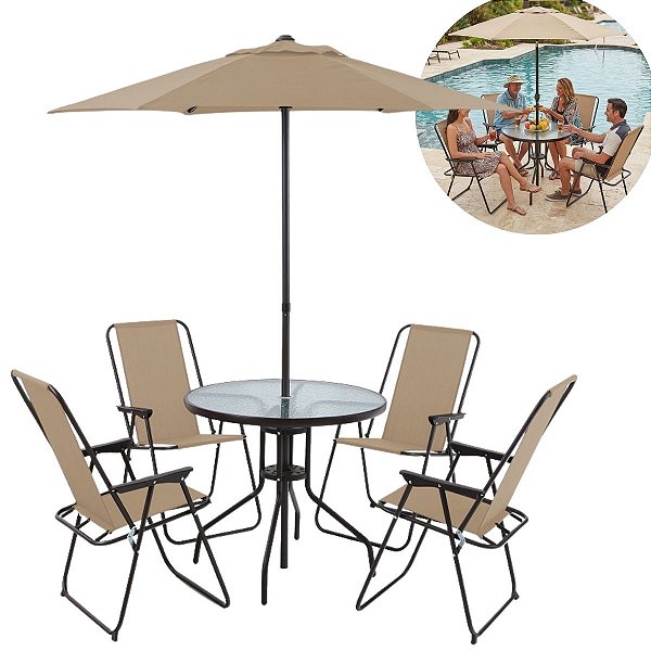 Conjunto Jardim 6 Peças Mesa Vidro 4 Cadeiras Dobráveis Guarda-sol Bege Para Varanda Piscina Área Externa