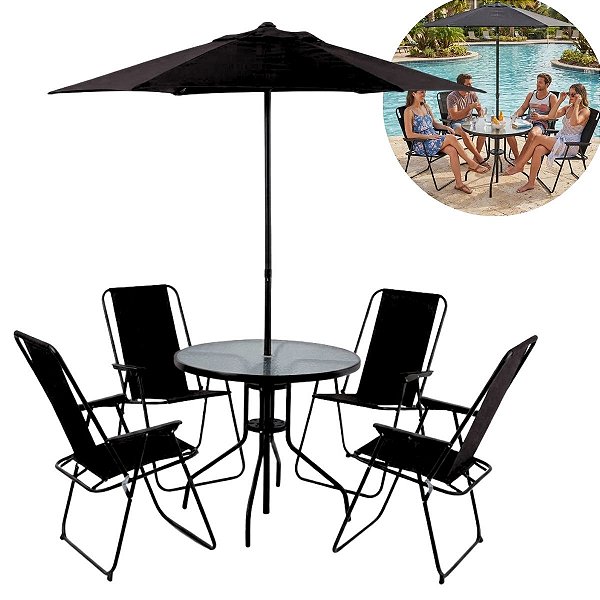 Conjunto Jardim 6 Peças Mesa Vidro 4 Cadeiras Dobráveis Guarda-sol Preto Para Varanda Piscina Área Externa