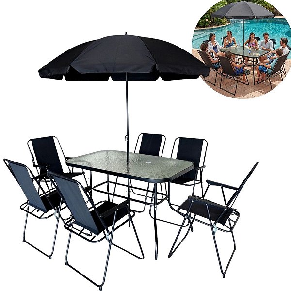 Conjunto Jardim 8 Peças Mesa 6 Cadeiras Dobráveis Guarda-sol Preto Vidro Temperado Para Varanda Área Externa