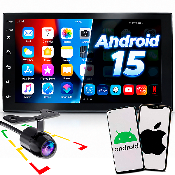 Central Multimídia 7 Polegadas Android 15 com 64Gb + 4Gb Ram Carplay Com Câmera de Ré Colorida Aplicativos
