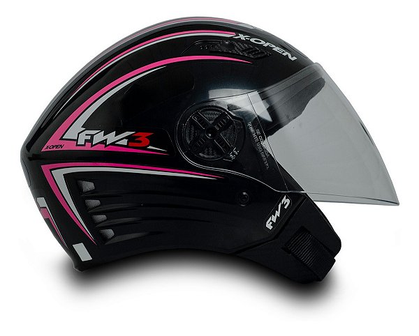 Capacete para Moto Aberto X Open Preto Rosa Tamanho 56 Viseira Transparente Forro Removível - FW3