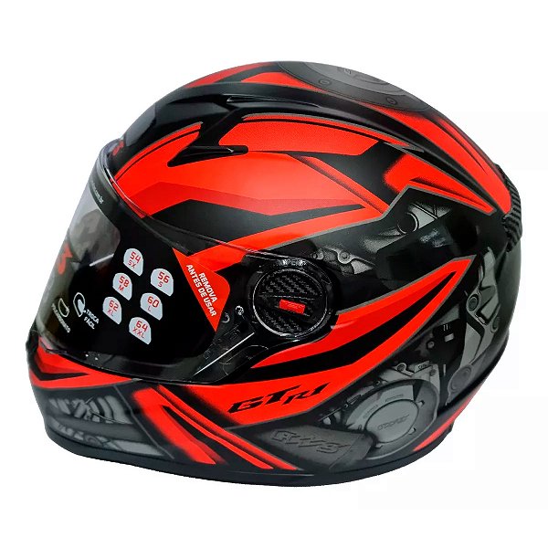 Capacete Moto Fechado GTX R1 Preto com Vermelho Fosco Viseira Cristal e Narigueira Alta Tamanho 56 58 60 FW3