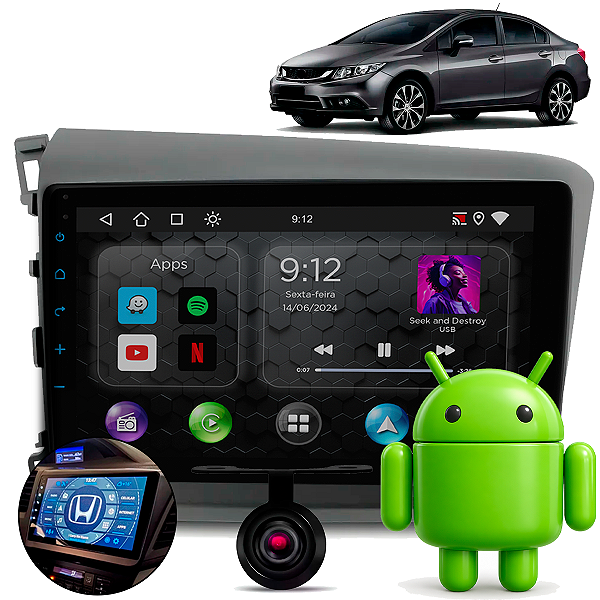 Central Multimídia 9 Polegadas Android 15 64gb + 4gb Ram Civic 2012 2013 2014 2015 2016 C Moldura Grafite e Câmera De Ré