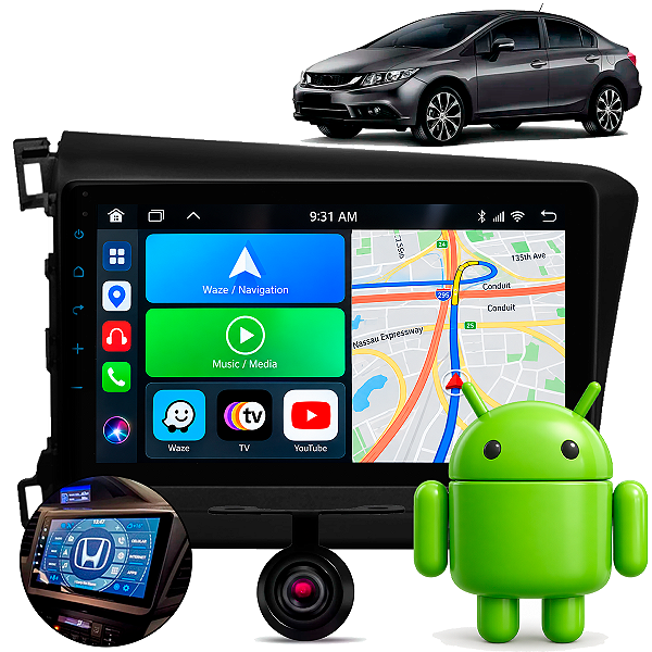 Central Multimídia 9 Polegadas Android 15 64gb + 4gb Ram Civic 2012 2013 2014 2015 2016 C Moldura Preto e Câmera De Ré