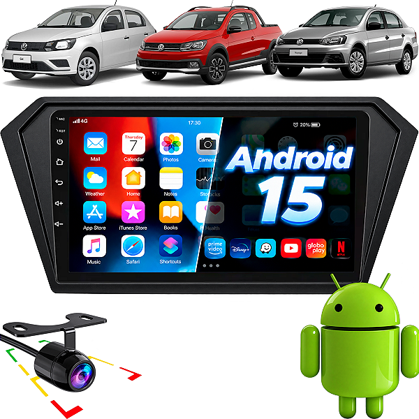 Kit Multimídia Android 15 Tela 9 Carplay Android Auto S Fio Gol Saveiro Voyage G7 G8 + Moldura Completa + Câmera de Ré