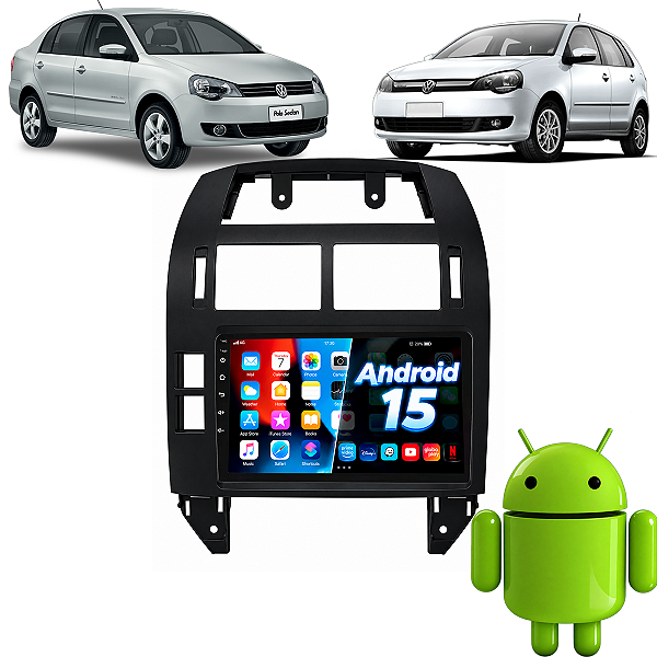 Kit Multimídia Android 15 Tela 9 Carplay Android Auto S Fio Polo Hatch Sedan 2003 a 2011 + Moldura Completa