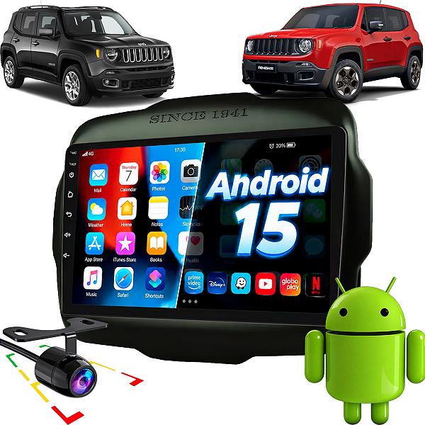 Kit Multimídia Android 15 Tela 9 Pol Carplay Android Auto S Fio Renegade 2015 até 2020 + Moldura Completa + Câmera Ré