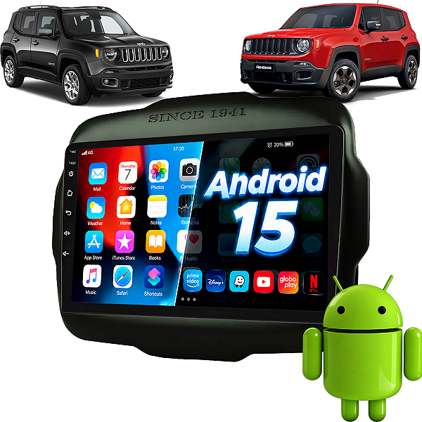 Kit Multimídia Android 15 Tela 9 Pol Carplay Android Auto S Fio Renegade 15 2016 2017 2018 2019 2020 + Moldura Completa