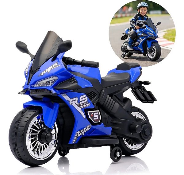 Mini Moto Elétrica Infantil 6v Azul Bateria Recarregável Luz Som Rodas De Apoio Até 30kg Certificada Inmetro