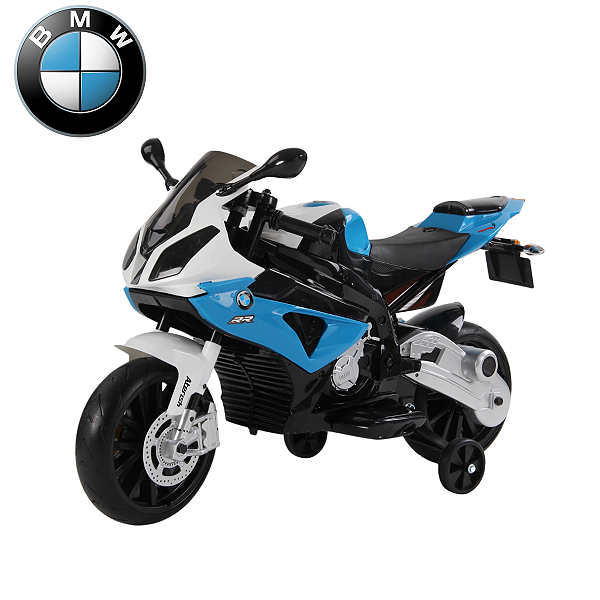 Mini Moto Elétrica Infantil Bmw S1000 Rr 12v Azul Licenciada Banco De Couro Luz Som Buzina Rodas De Apoio 25kg
