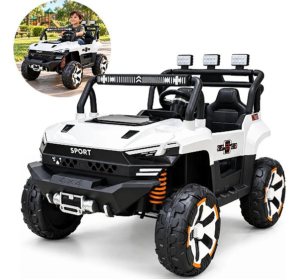 Carro Jipe Elétrico Infantil 12v Branco Controle Remoto Bateria Recarregável Luz Som Cinto 3 Pontos Até 30kg
