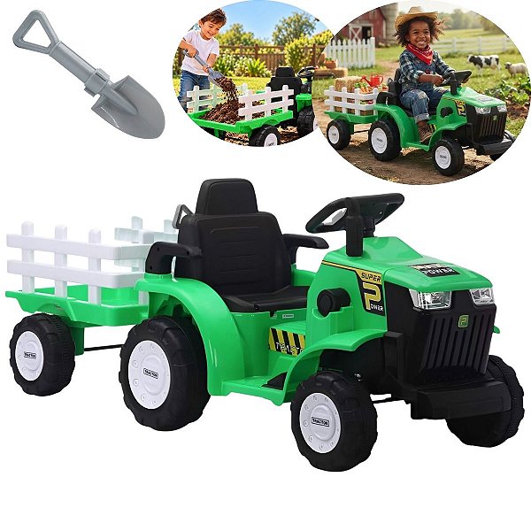 Trator Elétrico Infantil 12v Verde Com Carreta Pá Controle Remoto Luz Som Pedal Frente Ré Bateria Recarregável